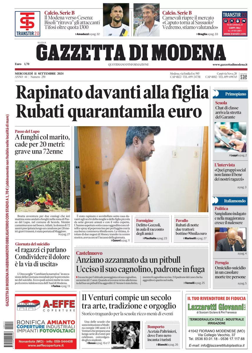 Prima-pagina-gazzetta di modena-oggi-edizione-del-2024-09-11